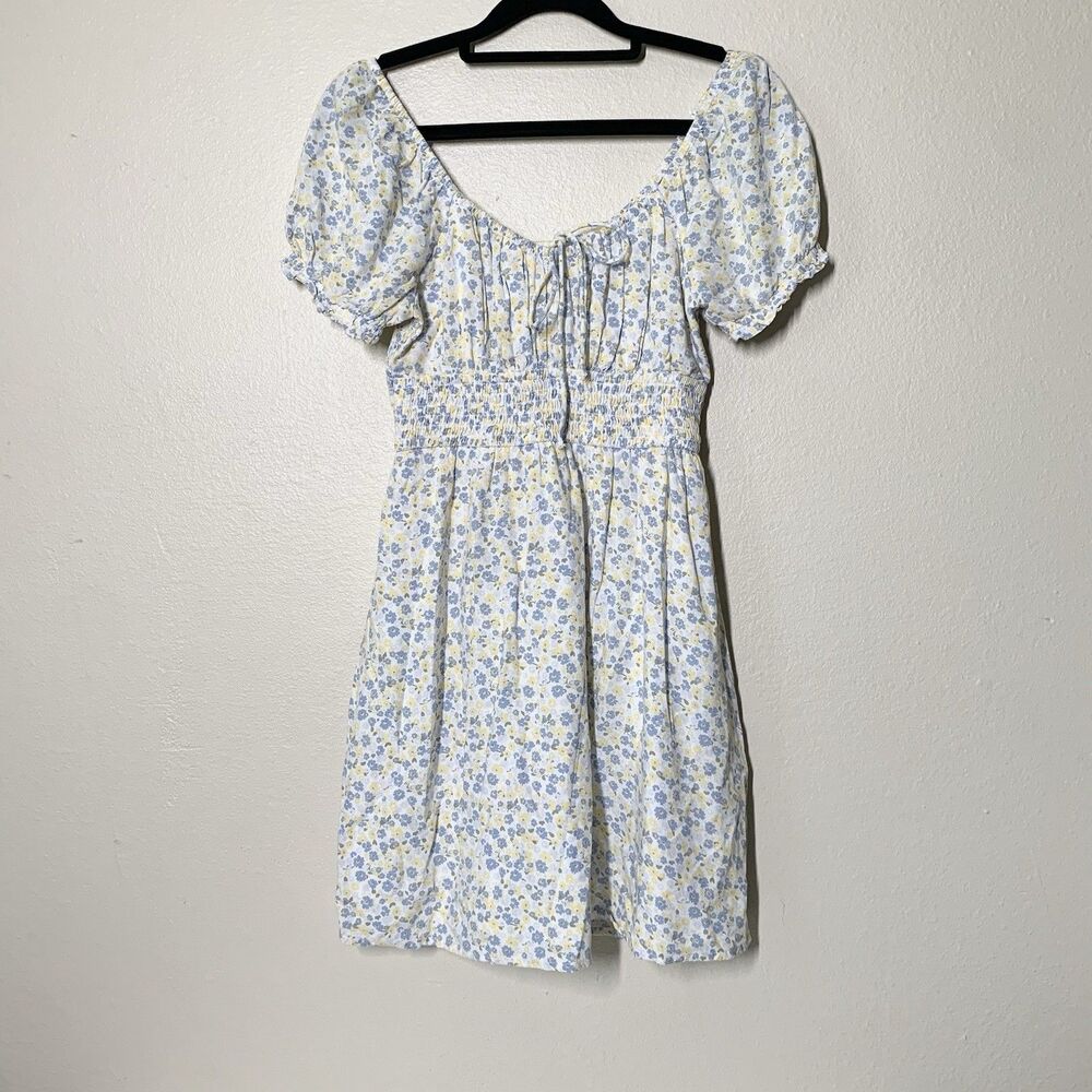 Hollister Floral Mini Dress S Blue White Yellow Flowers Short Sleeves